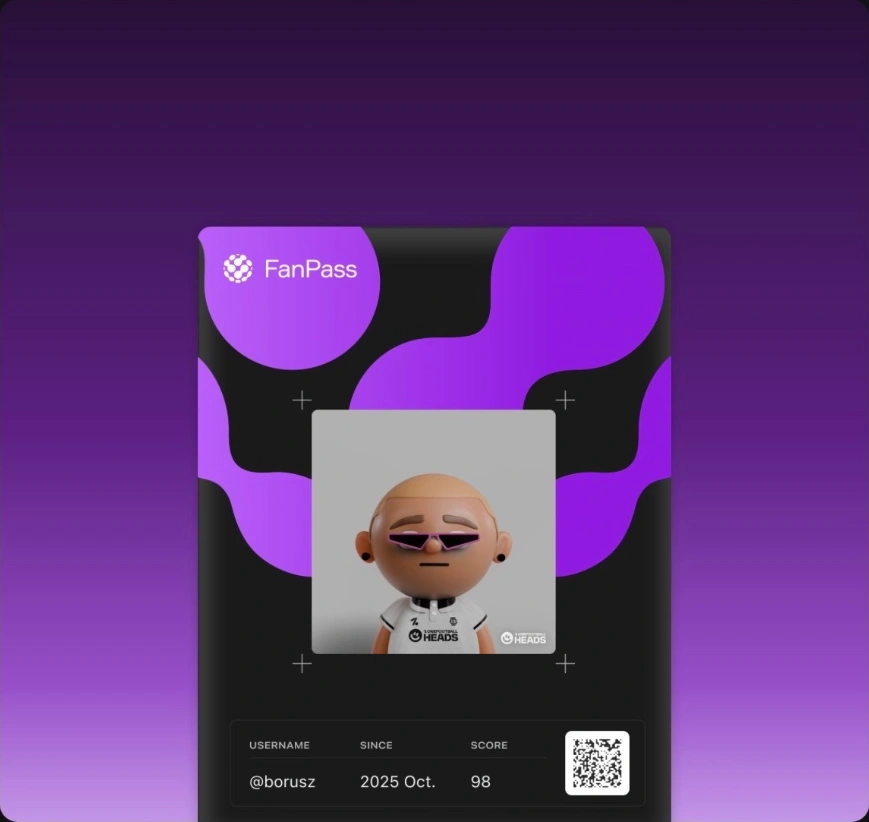 FanPass membership card with a three-dimensional avatar and violet background